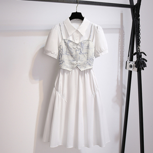 白色泡泡袖连衣裙女2024年夏装新款吊带腰封束收腰衬衫裙子两件套