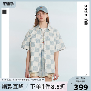 【小王子】bosie夏季新款短袖衬衫男情侣牛仔水洗棋盘格衬衣外套