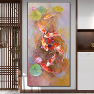 九鱼图新中式纯手绘客厅油画荷花莲花装饰画玄关竖版鲤鱼餐厅挂画