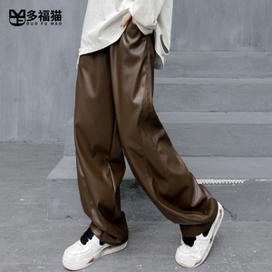多福猫原创设计潮牌秋季直筒裤子女2023年新款个性嘻哈皮裤显瘦