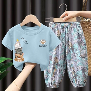 纯棉女童套装2024夏季新款短袖儿童洋气长裤男宝宝时髦两件套薄款