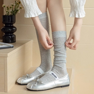 芭蕾风小腿袜子女春秋薄款纯棉显瘦网眼透气灰色夏季长堆堆袜中筒