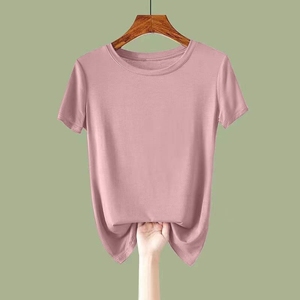 夏季新款莫代尔260克短袖t恤女洋气时尚打底衫宽松上衣潮藕粉色