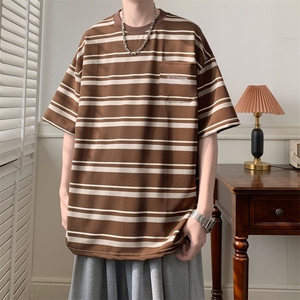 棕色条纹圆领短袖t恤男夏季日系潮牌复古宽松百搭体恤上衣服撞色