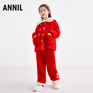 安奈儿童装女童家居服套装冬季大童中国风红色保暖睡衣套装