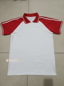定做纯棉中高小学生校服白色拼接红色袖子短袖校服T恤可来图定制