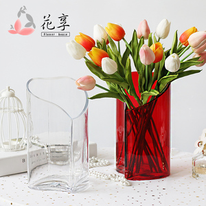 现代简约心形透明玻璃花瓶厚壁大红色花瓶鲜花花瓶插餐桌酒店装饰