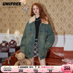 UNIFREE牛仔棉服外套女翻领拼接加厚保暖复古高级感短款夹克棉衣