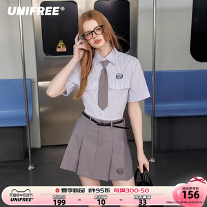 UNIFREE条纹短袖衬衫女夏季学院风美式复古休闲宽松时尚个性衬衣