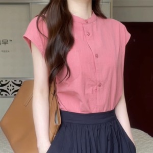 天丝树莓色短袖衬衫女夏季轻熟法式小众独特别圆领衬衣小飞袖上衣