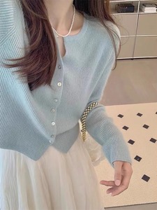 浅蓝色冰丝针织开衫外套女夏季法式小香风薄款毛衣高级感圆领上衣