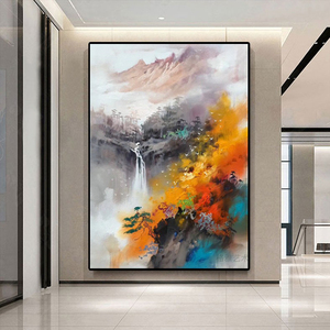 抽象山水油画 纯手绘玄关客厅挂画风景装饰画艺术新中式轻奢竖版