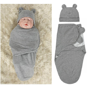 新生儿防惊跳包裹巾婴儿裹毯全棉婴儿胎帽+睡袋套装0-3月兔耳帽