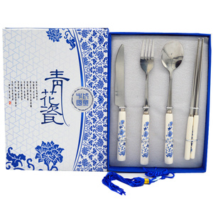 程老师青花瓷餐具中国风元素勺筷子刀叉礼品送老外特色四件套礼物