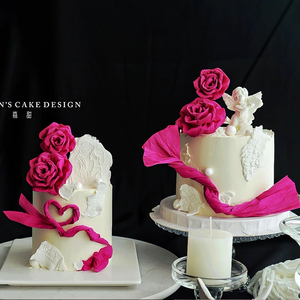 玫红色系情人节求婚结婚纪念日蛋糕翻糖描线印章皱纹纸DIY玫瑰花