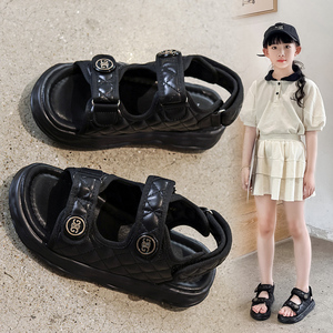 女童凉鞋2024夏季新款时尚运动小女孩格子软底儿童沙滩鞋子中大童