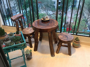 户外庭院花园实木圆桌圆凳田园防腐复古碳化休闲餐桌椅阳台靠背椅