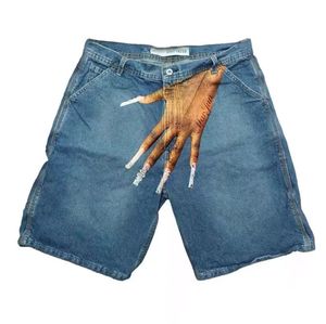 跨境夏季新款欧美嘻哈搞怪一只手图案印花高街休闲时尚牛仔短裤男