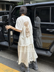 【CINDER STUDIO】韩国设计师竹节棉CHAO薄廓形复古印花短袖T恤