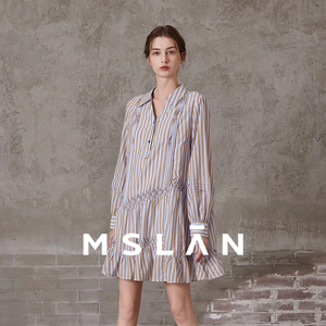 MSLAN 2024年小个子法式条纹连衣裙女设计感小众长袖A字衬衫短裙