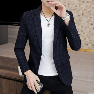 男士格子西装套装青年韩版修身单上衣外套新款潮流春季休闲小西服