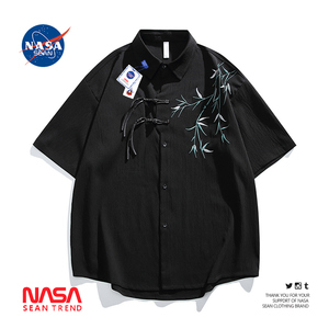 NASA联名国风新中式竹子刺绣短袖衬衫男夏季新款潮牌宽松休闲衬衣