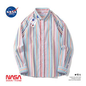 NASA联名彩虹条纹长袖衬衫男春季新款潮牌宽松休闲百搭衬衣外套