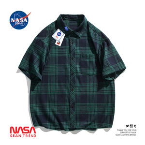 NASA联名复古绿短袖格子衬衫男夏季薄款日系潮牌宽松休闲衬衣外套