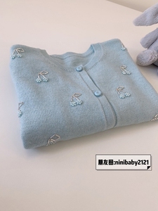 秋冬新品 儿童女童法式冰蓝樱桃羊绒羊毛混纺串珠针织开衫毛衣