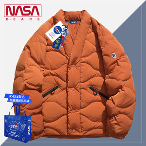 NASA联名美式国潮牌工装V领情侣羽绒服90白鸭绒柳橙色男女款外套
