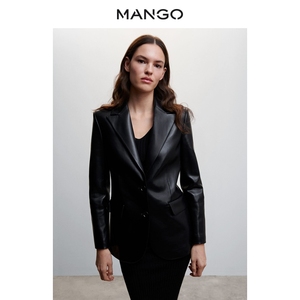 MANGO女装外套2023春夏新款潮流风翻领V领长袖皮革效果夹克