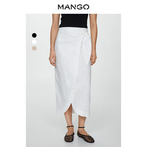 MANGO女装半身裙2024夏装新款蝴蝶结亚麻包裹式扭结系带半裙