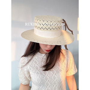 MM同款 白色平顶草帽女新款法式夏海边高级感镂空手工编织帽子