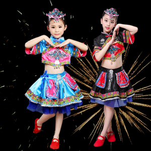 新款儿童演出服民族风舞蹈服彝族畲族苗族演出表演服装女童