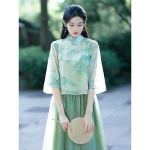 新中式国风套装裙子女夏季时尚汉服上衣搭配改良国风半身裙两件套