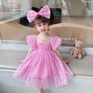 女童夏季珍珠领蝴蝶结粉色豹纹公主裙2022新款小女孩洋气礼服裙子
