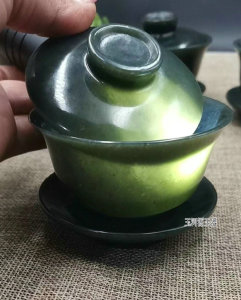 天然新疆和田玉青玉摆件墨玉石功夫茶盖碗茶杯大号泡茶碗高档茶具