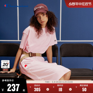 Champion冠军连衣裙2024夏季新款纯棉印花运动风短袖裙子女粉色