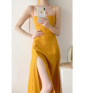 品牌cosplay女装姜黄色亚麻吊带连衣裙女夏季法式设计感小众甜辣