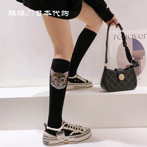日本代购小腿袜子女黑色纯棉及膝中长筒袜可爱卡通猫头潮酷高筒袜