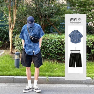 日系复古格子工装短袖衬衫男夏季宽松多口袋牛仔衬衣潮牌休闲套装