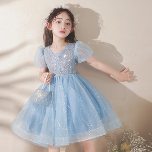 蓝色女童礼服夏季高端公主裙儿童主持人花童小女孩钢琴演奏演出服