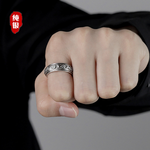 纯银时来运转貔貅戒指男招财个性潮可转动打麻将赢钱神器单身指环