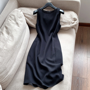 T家 船领鱼尾型 醋酸小黑裙 知性优雅显瘦立裁修身中长款袖连衣裙
