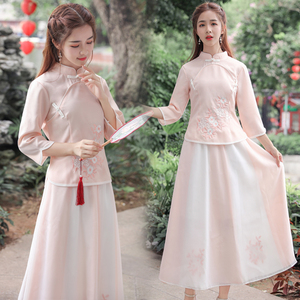日常汉服女中国风改良旗袍套装复古民国文艺学生修身中式唐装盘扣