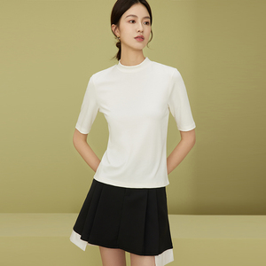 五分袖T恤女韩版半高领上衣内搭夏季新款白色简约半袖宽松打底衫