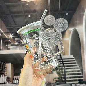 韩式创意耐高温玻璃水杯带吸管男女情侣家用果汁牛奶早餐泡茶杯子