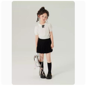 senbaby儿童夏装短袖中大童洋气套装女童冰丝针织上衣+黑色百褶裙