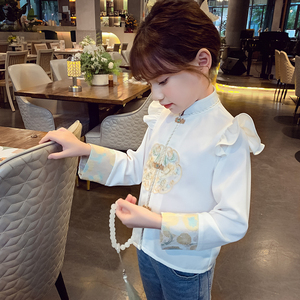 女童白色衬衫春装2024新款小女孩新中式国风刺绣立领上衣儿童衬衣
