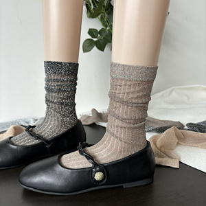 夏季薄款微闪亮丝袜子女中筒袜ins潮复古时髦竖条纹走秀款堆堆袜
